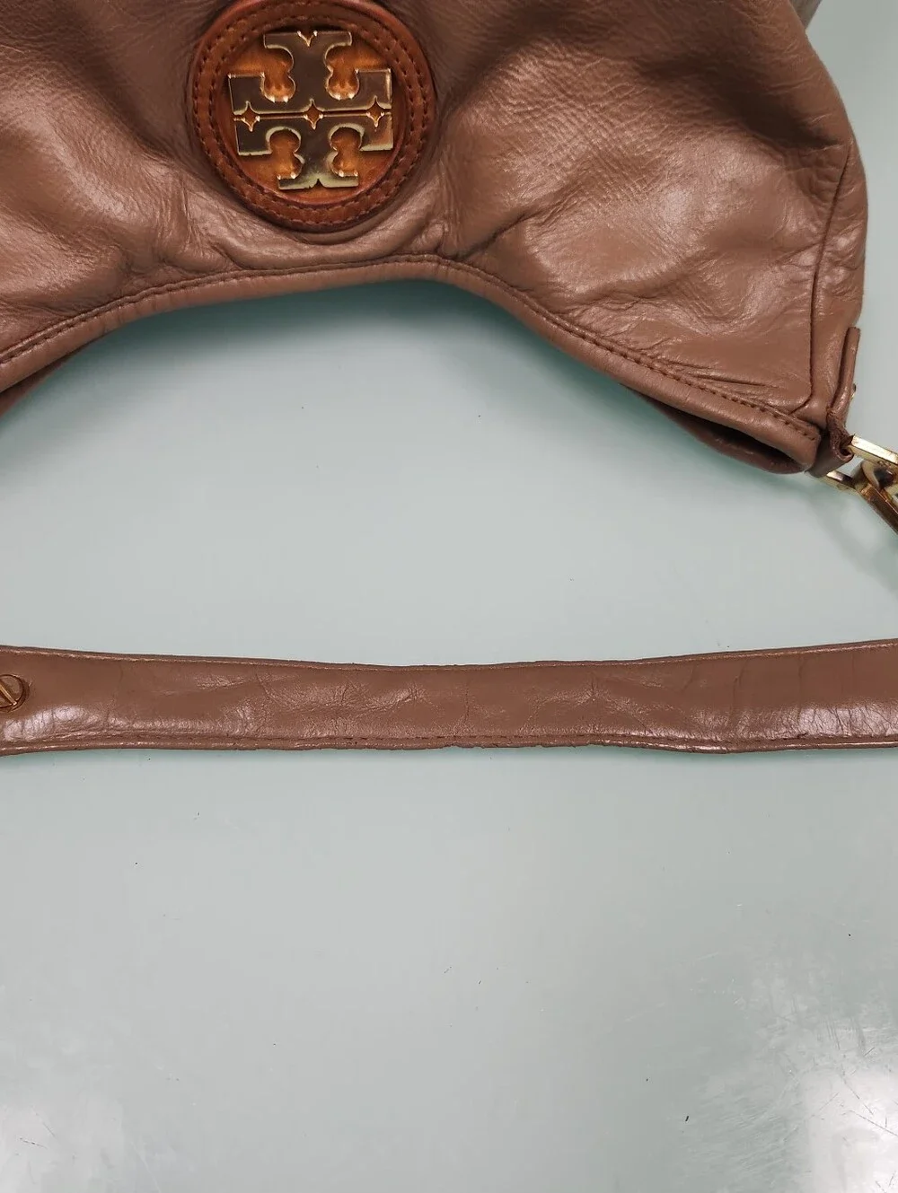 Tory Burch Taupe Brown Leather Shoulder Bag with Gold Logo